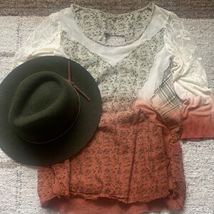 Gimmicks by BKE Patchwork Blouse - Cream, Green, and Brown